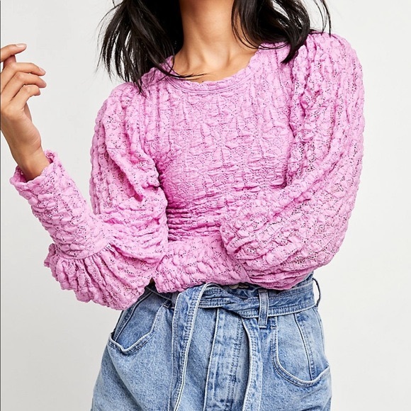 New Free People Pink Tea Time exaggerated crinkled lace top
